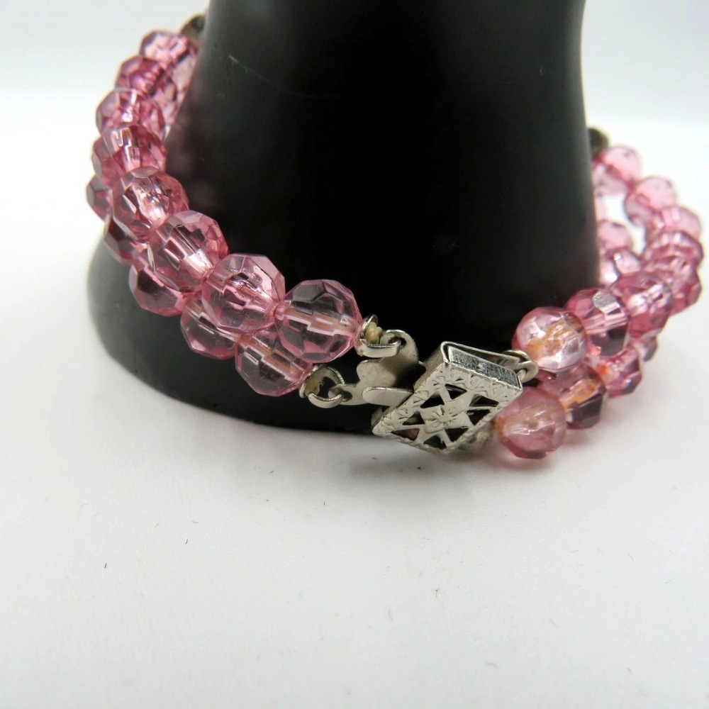 Pink Faceted Lucite Bead Double Strand Bracelet Box Clasp Fashion Jewelry - Picture 2 of 10